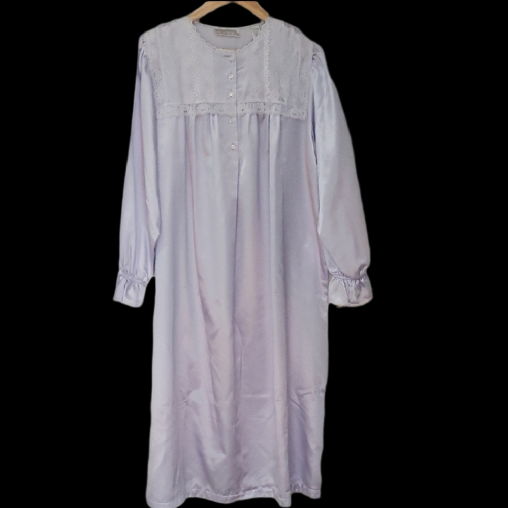 Erika Taylor Intimates Blue Floral Embroidered Satin Lace Long Nightgown M New